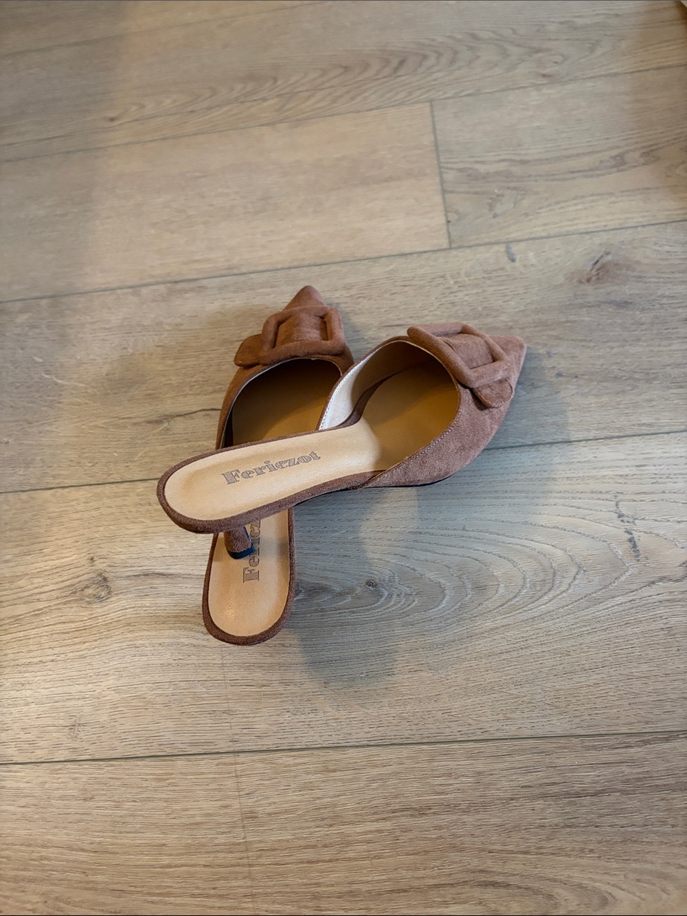 Riccio Tan Suede Pointed Espadrille Mule with Buckle Accent